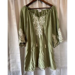 Chic Connection Olive Green Embroidered Boho Peasant Tunic Top XL Tassel Tie